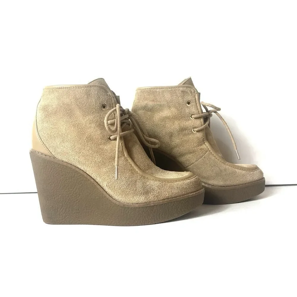 Michael Kors Wallabee Wedge Gum Heels Womens 6.5M Beige Suede Ankle High Lace Up